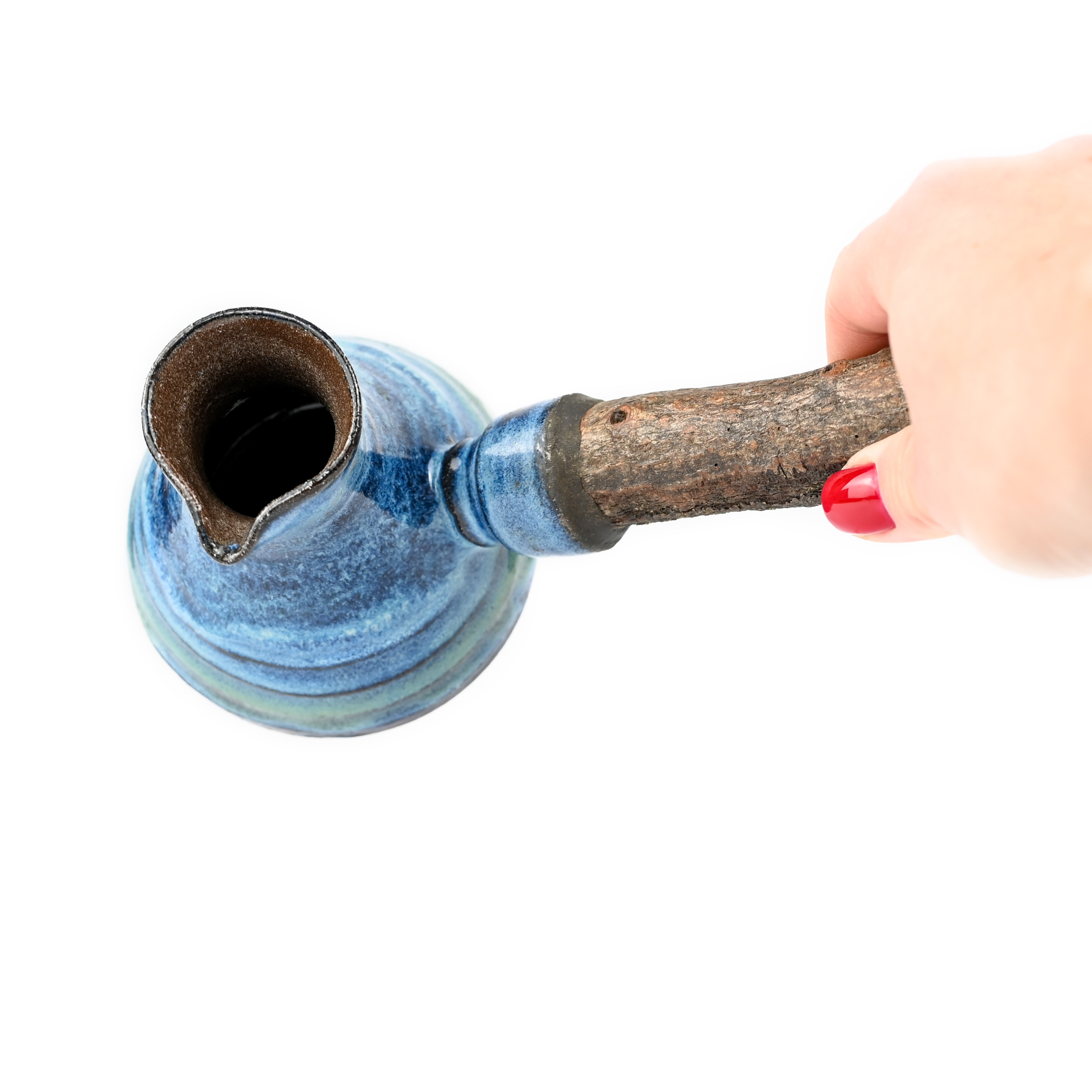 картинка Керамическая турка с деревянной ручкой синяя ребристая - DishWishes.Ru
